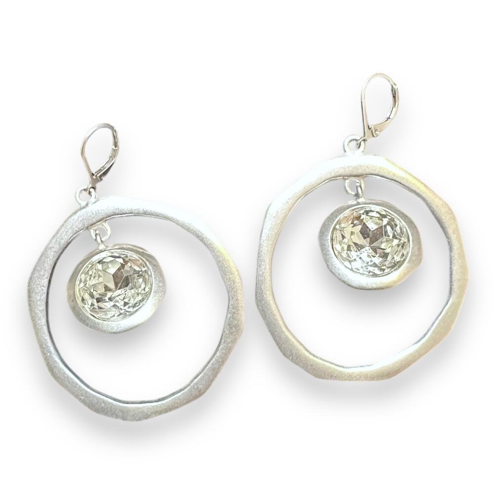 Kenneth Jay Lane KJL Silvertone Ringstone Hammered Earrings